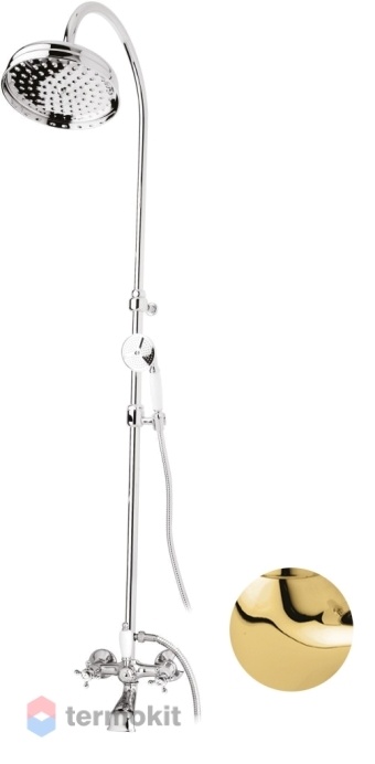 Душевая система со смесителем для ванны, верхним и ручным душем Cezares Golf золото, ручка белая GOLF-CVD-03/24-Bi