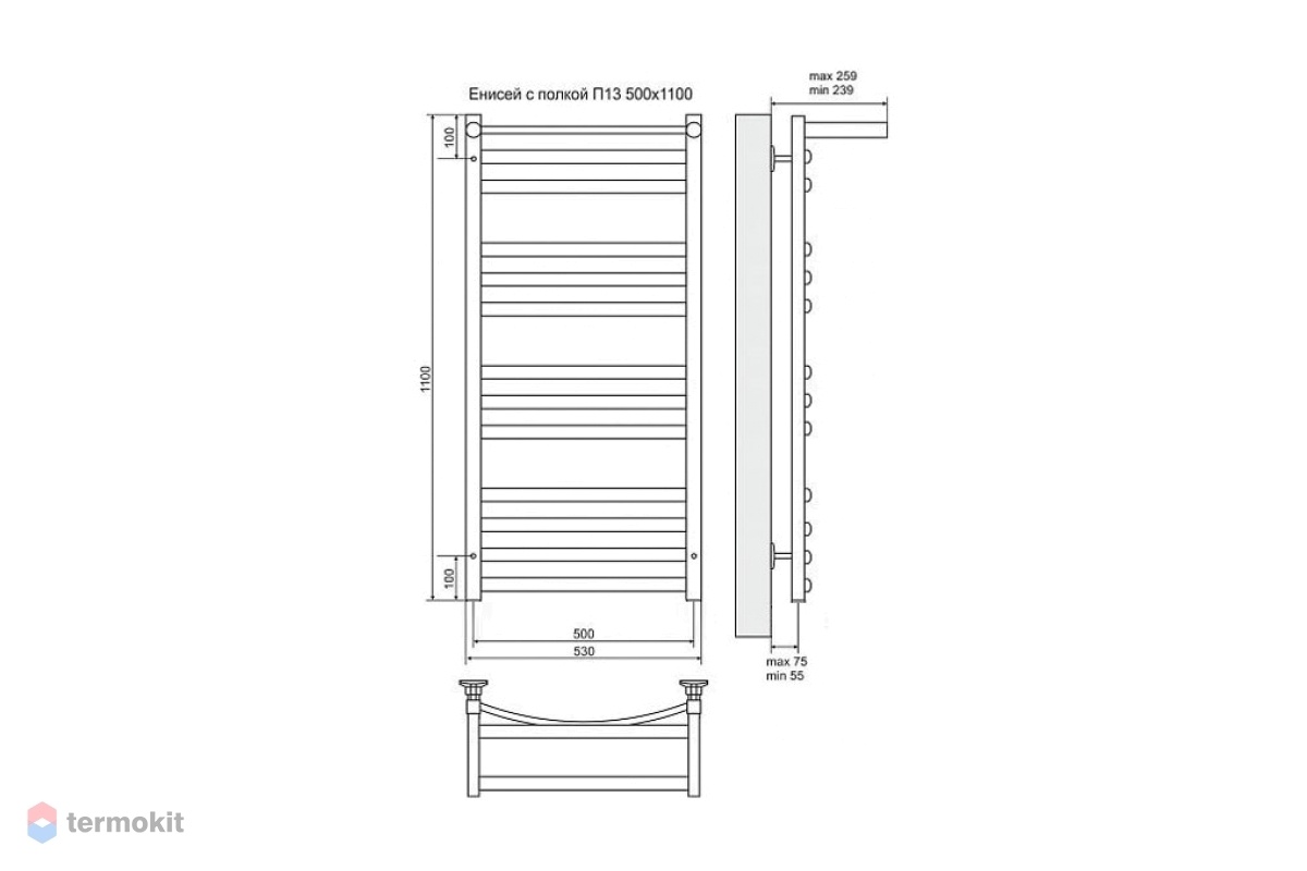 Электрический полотенцесушитель Terminus Енисей с полкой П13 500x1100 ТЭН  Лев./Пр. (артикул: 4660059920795) купить в Москве по цене 43 938 руб. в  интернет-магазине Термокит