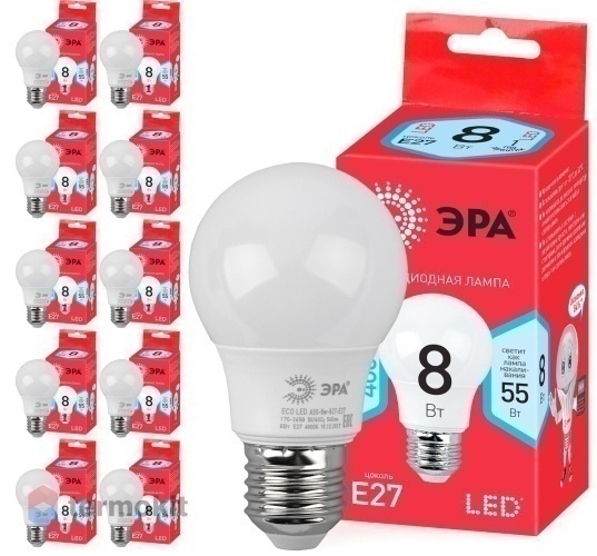 Лампа светодиодная ЭРА ECO LED A55-8W-840-E27 диод, груша, 8Вт, нейтр, E27, 10 шт