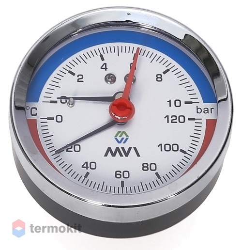 MVI Термоманометр аксиальный, диапазон показаний до 10 бар,  от 0°C до 120°C, диаметр корпуса 80 мм,  подключение G1/2