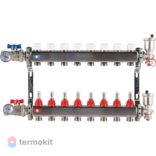 Коллектор из нержавеющей стали Rommer RMS 1210 с расходомерами, 8 вых.