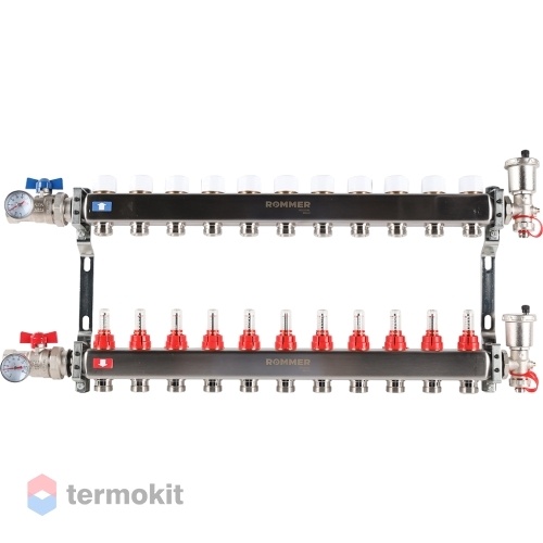 Коллектор из нержавеющей стали Rommer RMS 1210 с расходомерами, 11 вых.