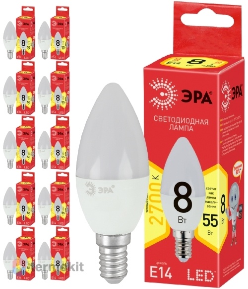 Лампа светодиодная ЭРА ECO LED B35-8W-827-E14 диод, свеча, 8Вт, тепл, E14, 10 шт