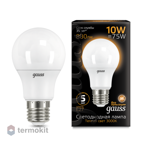 Лампа Gauss LED A60 10W E27 3000K 1/10/50