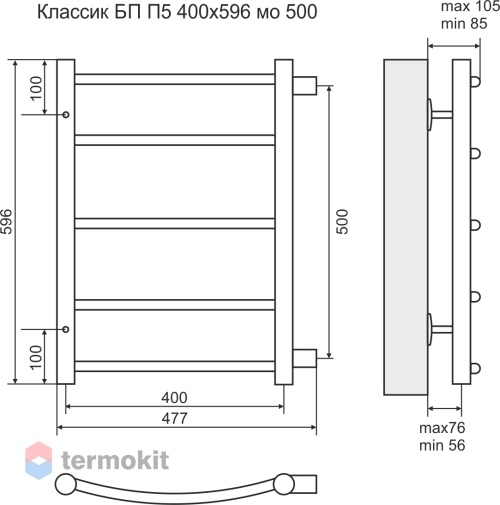 Водяной полотенцесушитель terminus классик п5 400x596 4670030726209 хром с боковым подключением 500