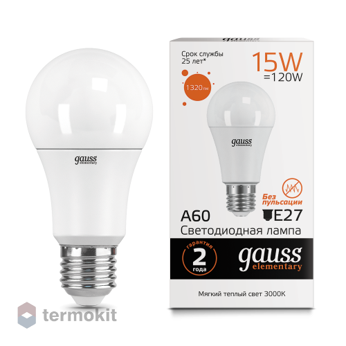 Лампа Gauss LED Elementary A60 15W E27 3000K 1/10/40