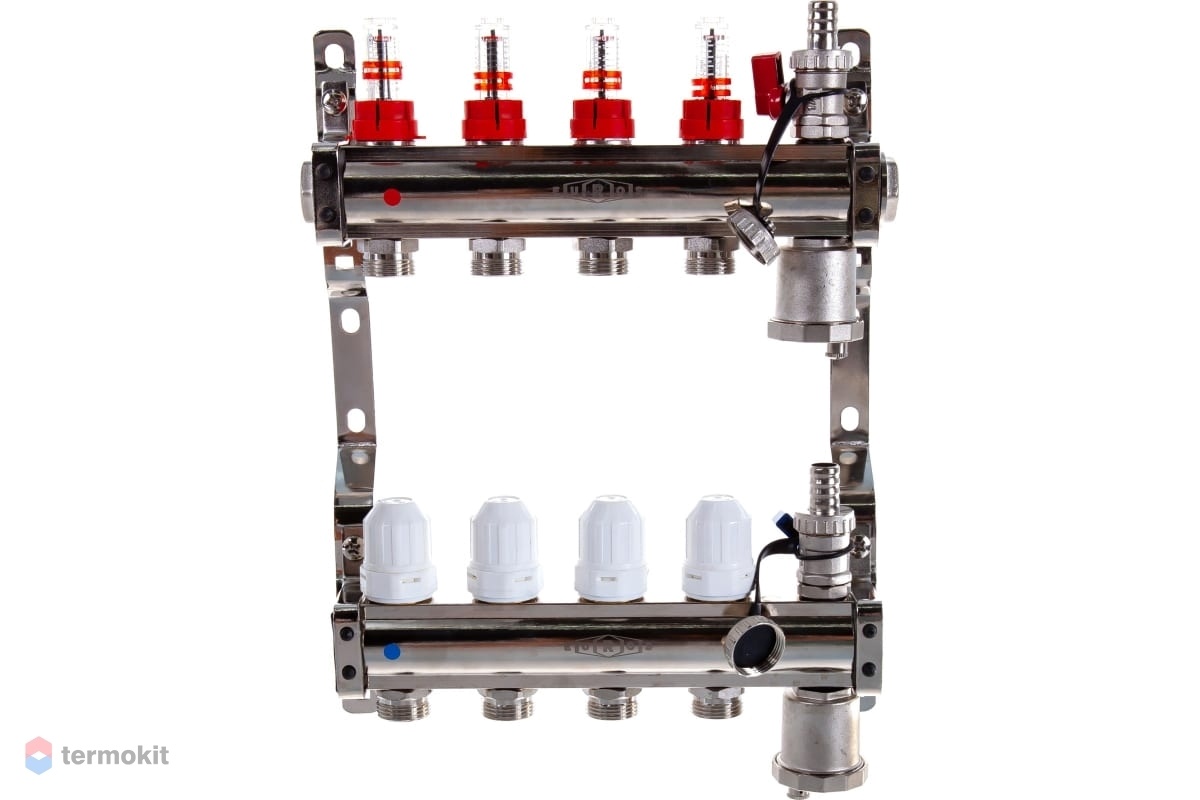 Kromwell Коллекторный блок из латуни с терм. клапанами и расходомерами 1 x  3/4 евроконус 4 вых. (артикул: EU.ST6081451 1x34x4_k) купить в Москве по  цене 8 527 руб. в интернет-магазине Термокит